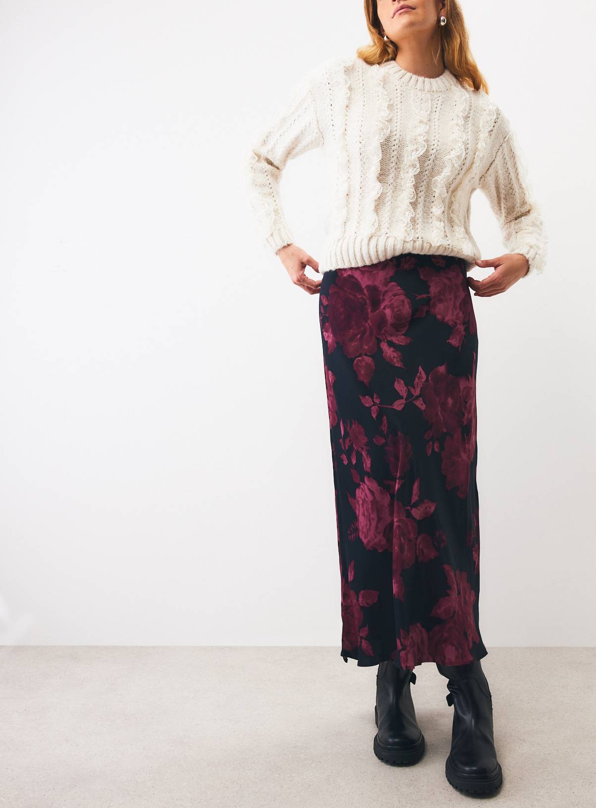 Dark Red Floral Satin Midaxi Slip Skirt 10 - Image 1